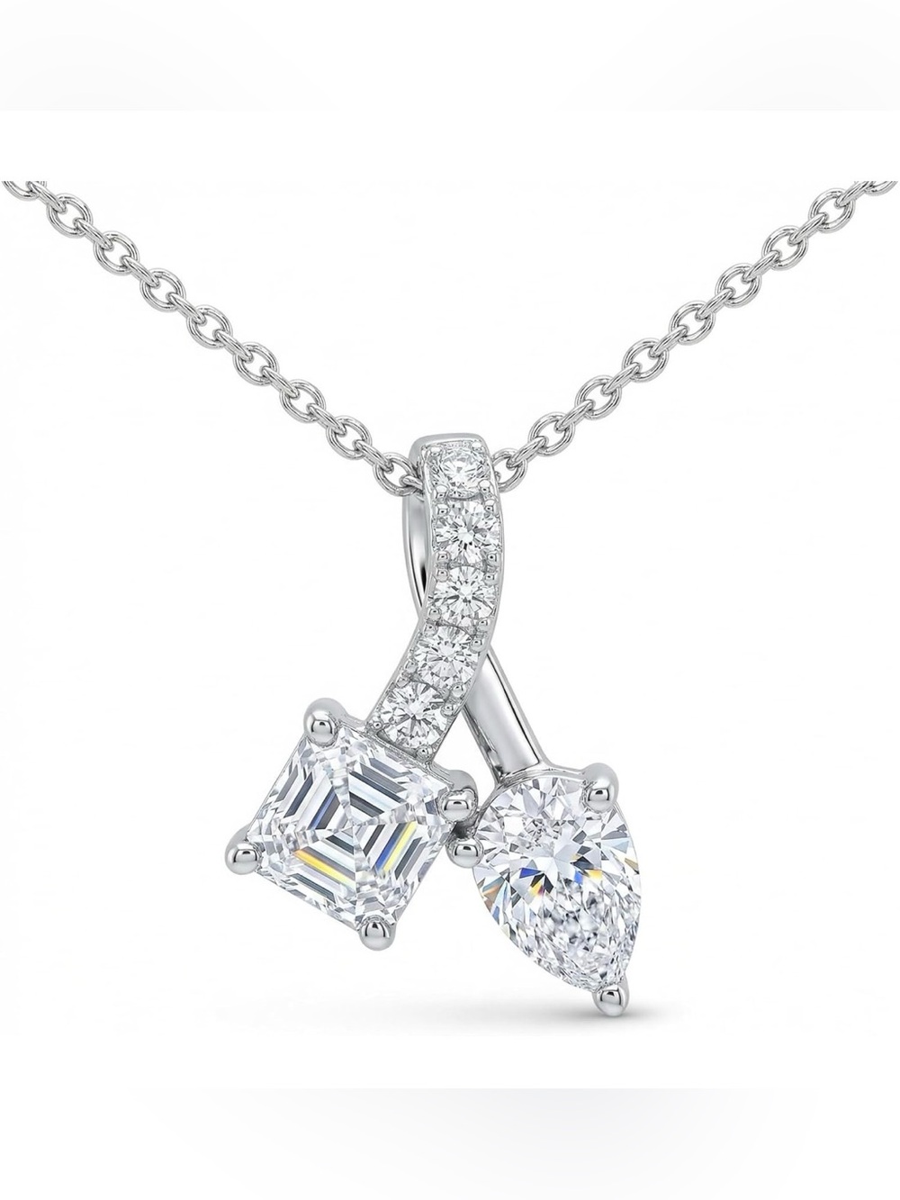 1 CTW Diamond Pendant Necklace Pear Emerald Round Pavé D-F VVS-VS 925 Silver